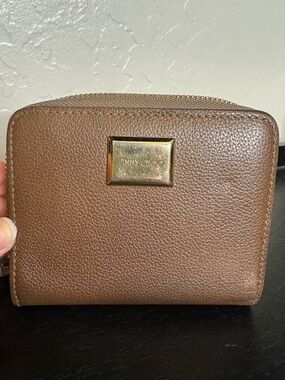 Jimmy Choo Brown Pebbled Leather Zip Wallet with Gold Plaque
